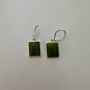Green Silver Square Dangle Earrings